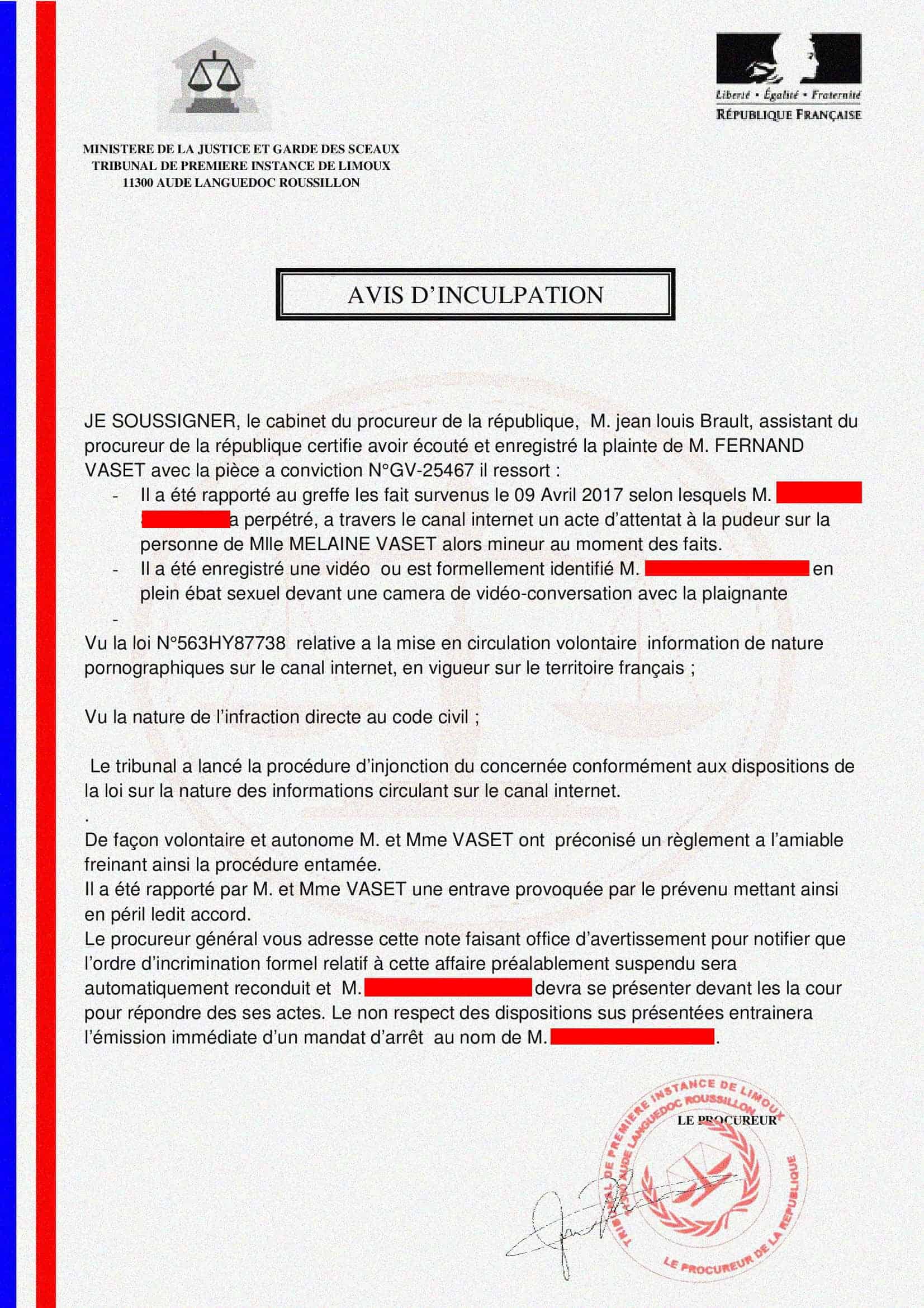 Avis d'accusation de la police